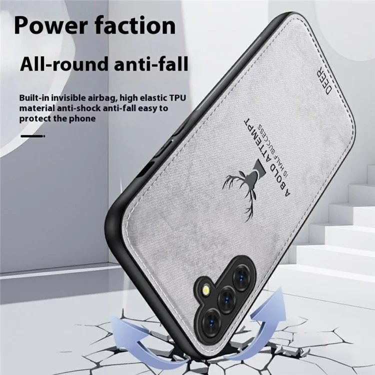 Чехол для Samsung Galaxy S25+ с узором из оленя, текстурированной тканью и гибридным кожаным покрытием - серый