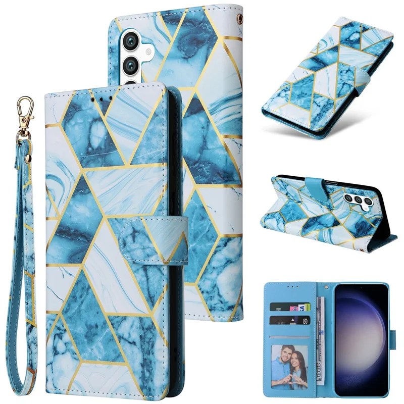 For Samsung Galaxy S25 / S24 Case Lacquered Marble Pattern Leather Phone Cover - Blue