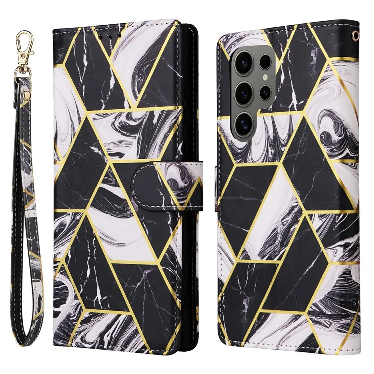 Funda para Samsung Galaxy S25 Ultra con patrón de mármol lacado y cubierta de cuero - Negro