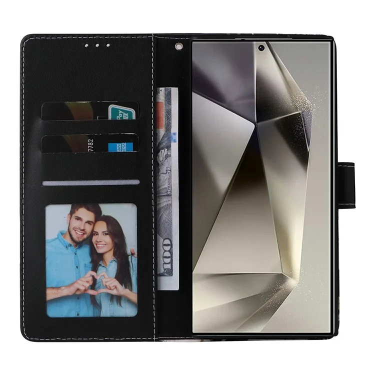 Funda para Samsung Galaxy S25 Ultra con patrón de mármol lacado y cubierta de cuero - Negro