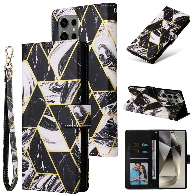 Funda para Samsung Galaxy S25 Ultra con patrón de mármol lacado y cubierta de cuero - Negro