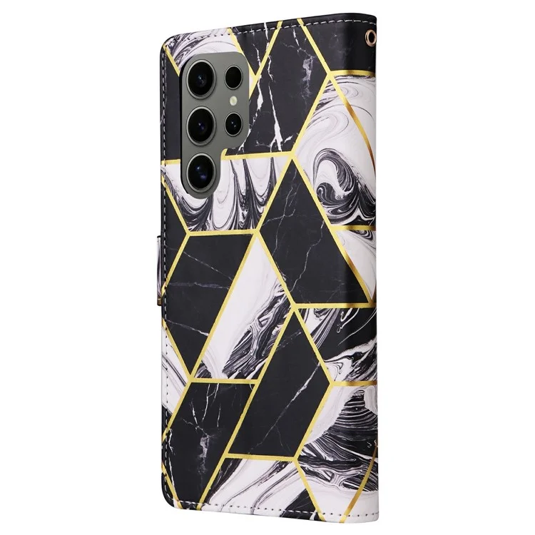 Funda para Samsung Galaxy S25 Ultra con patrón de mármol lacado y cubierta de cuero - Negro