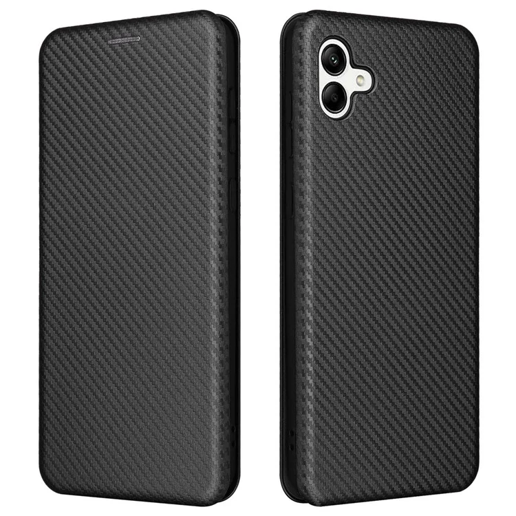 For Samsung Galaxy A04 4G (164.4 x 76.3 x 9.1 mm) Carbon Fiber Texture Smartphone Case Full Coverage PU Leather Magnetic Auto-absorbed Stand Card Holder Phone Shell - Black