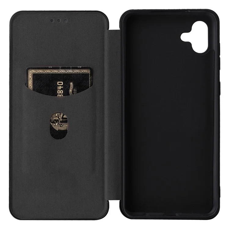 For Samsung Galaxy A04 4G (164.4 x 76.3 x 9.1 mm) Carbon Fiber Texture Smartphone Case Full Coverage PU Leather Magnetic Auto-absorbed Stand Card Holder Phone Shell - Black