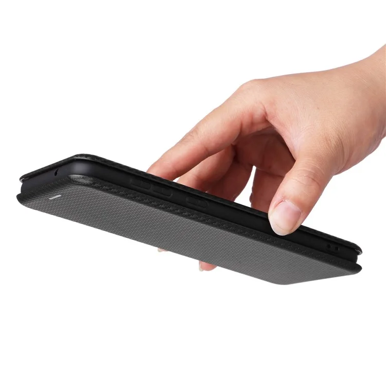 For Samsung Galaxy A04 4G (164.4 x 76.3 x 9.1 mm) Carbon Fiber Texture Smartphone Case Full Coverage PU Leather Magnetic Auto-absorbed Stand Card Holder Phone Shell - Black