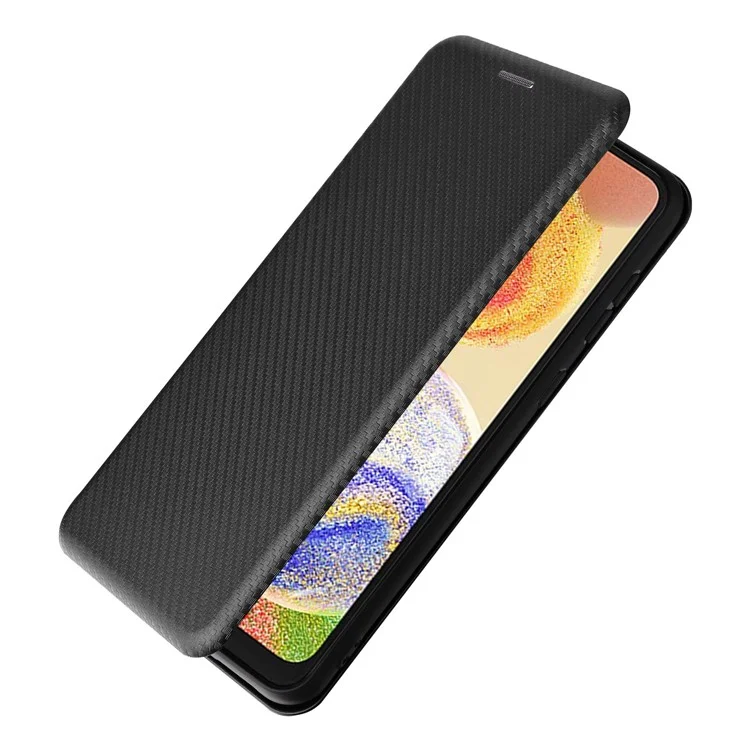 For Samsung Galaxy A04 4G (164.4 x 76.3 x 9.1 mm) Carbon Fiber Texture Smartphone Case Full Coverage PU Leather Magnetic Auto-absorbed Stand Card Holder Phone Shell - Black