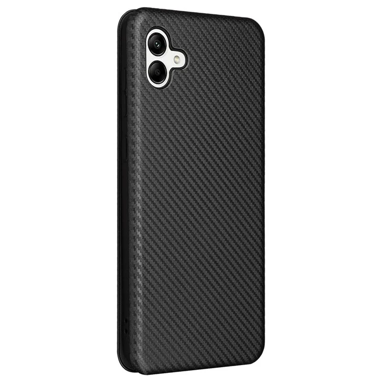For Samsung Galaxy A04 4G (164.4 x 76.3 x 9.1 mm) Carbon Fiber Texture Smartphone Case Full Coverage PU Leather Magnetic Auto-absorbed Stand Card Holder Phone Shell - Black