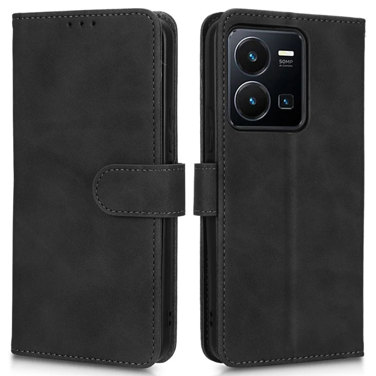 Capa de telefone com sensação de pele para vivo Y22s 4G / Y35 4G (2022), capa de carteira de couro magnético com suporte - Preto