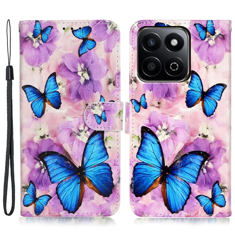 Étui portefeuille en cuir avec motif fleur violette et papillon pour téléphone intelligent 4G/5G For Honor X7c
