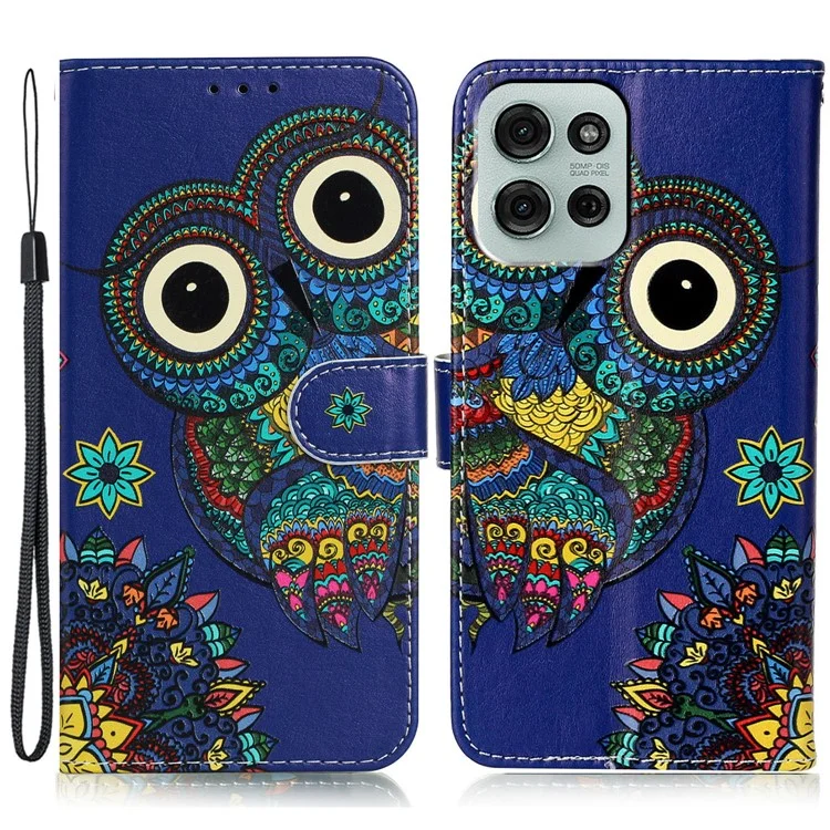 Capa de carteira de couro com padrão para Motorola Moto G75 5G com suporte para cartão - Coruja