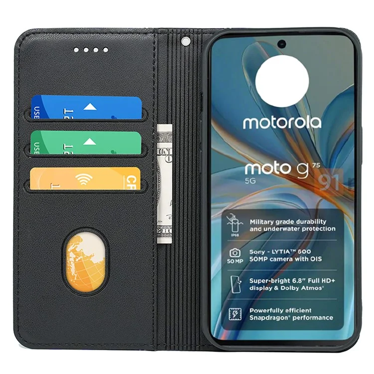 Funda de cartera para Motorola Moto G75 5G HX01, cierre magnético de piel sintética, color negro.