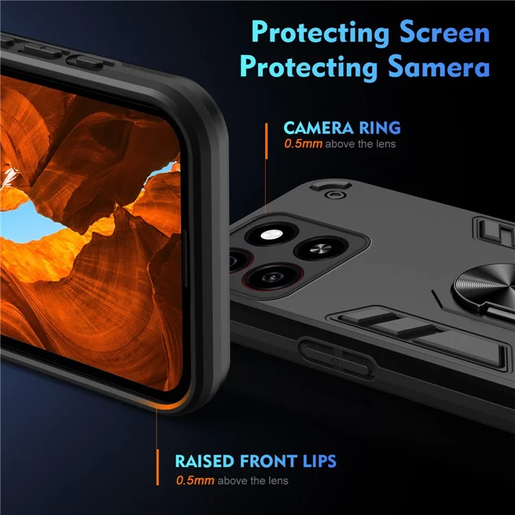 Funda para ZTE Blade A35 / A55 de PC+TPU a prueba de caídas con soporte de anillo - Negro