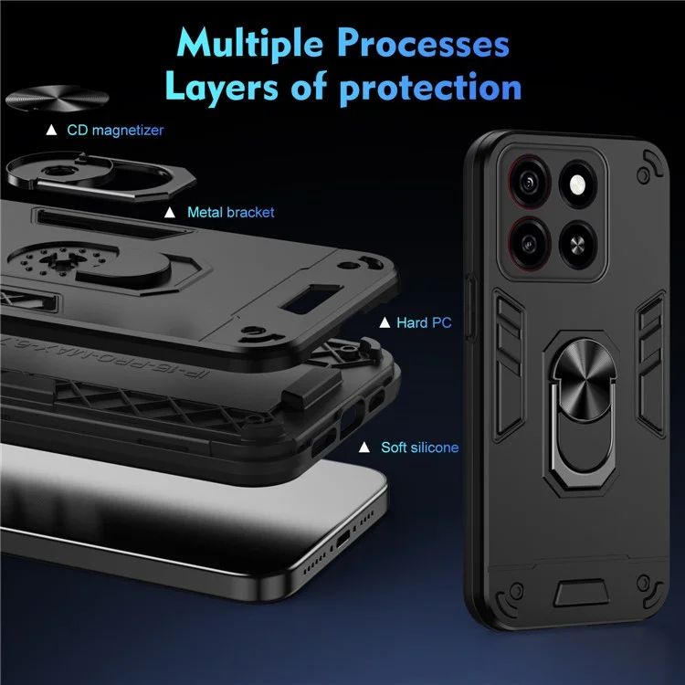Funda para ZTE Blade A35 / A55 de PC+TPU a prueba de caídas con soporte de anillo - Negro