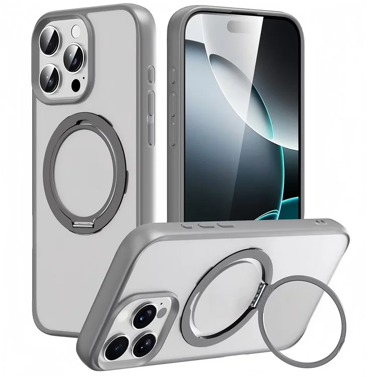 Coque pour iPhone 14 Pro Max compatible avec MagSafe, support rotatif en TPU+PC - Gris titane