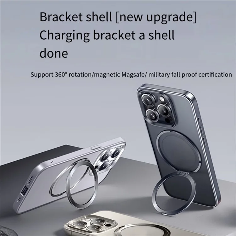 Coque pour iPhone 14 Pro Max compatible avec MagSafe, support rotatif en TPU+PC - Gris titane