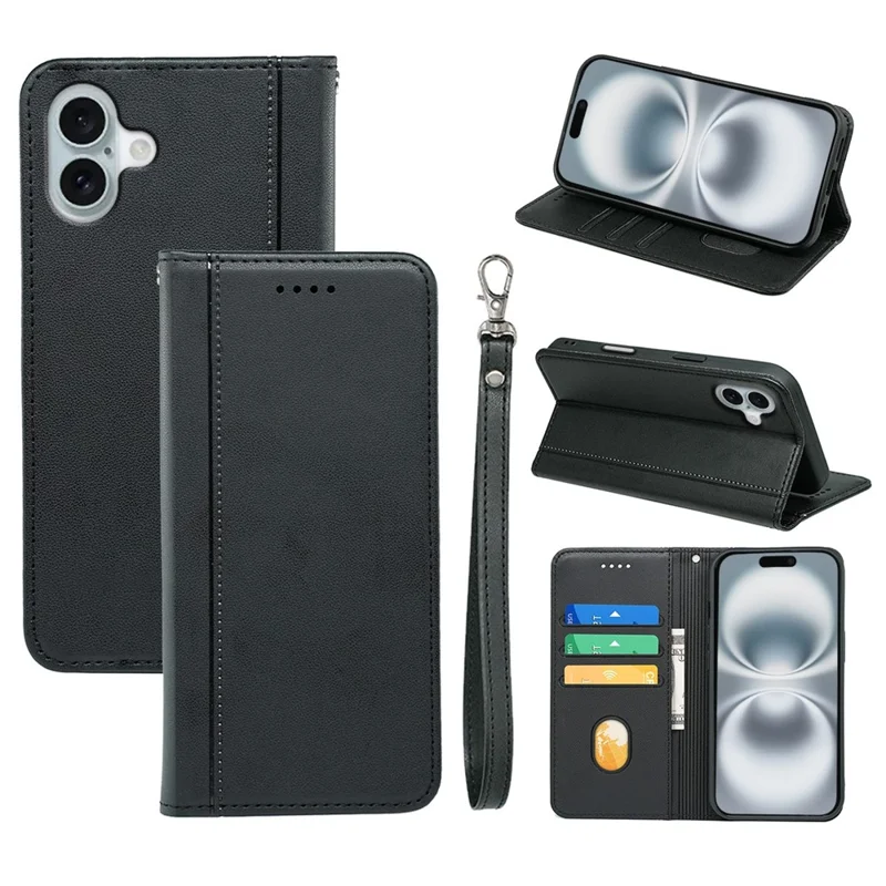 Étui portefeuille magnétique en cuir PU pour iPhone 16 Plus - Noir