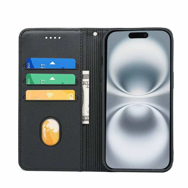 Étui portefeuille magnétique en cuir PU pour iPhone 16 Plus - Noir
