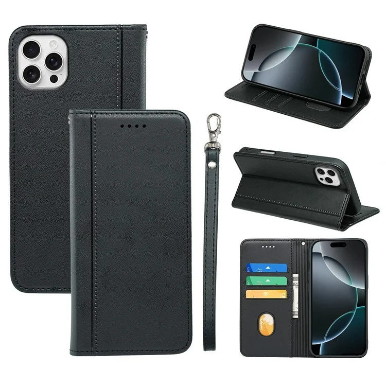 Funda de cartera magnética para iPhone 16 Pro de piel de PU - Negro