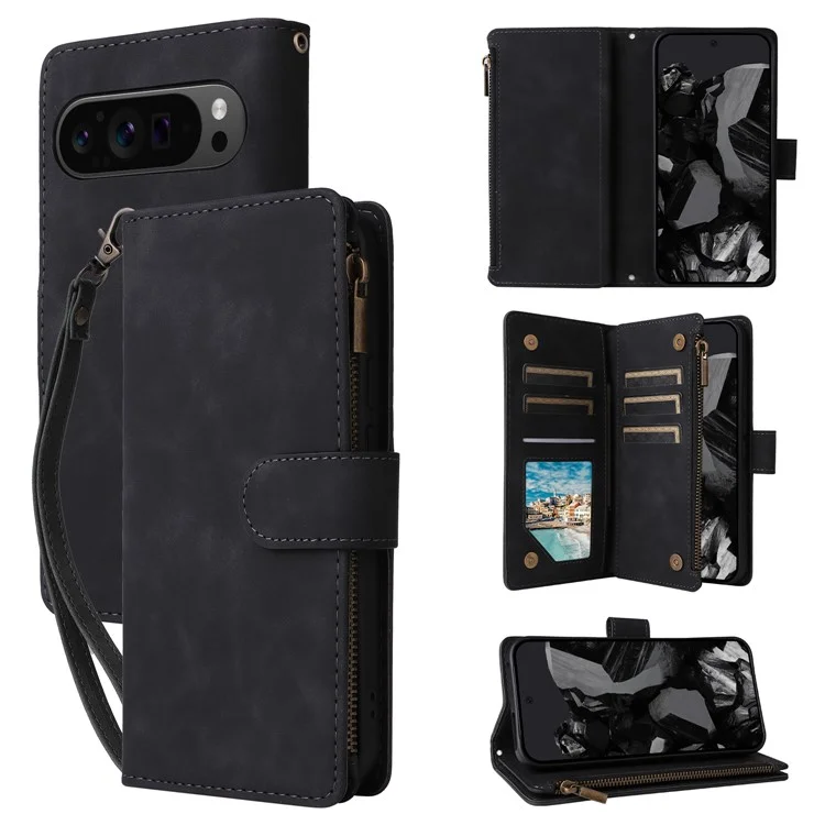 Funda para Google Pixel 9 Pro XL con cremallera, múltiples ranuras para tarjetas y cubierta de piel para teléfono - Negro