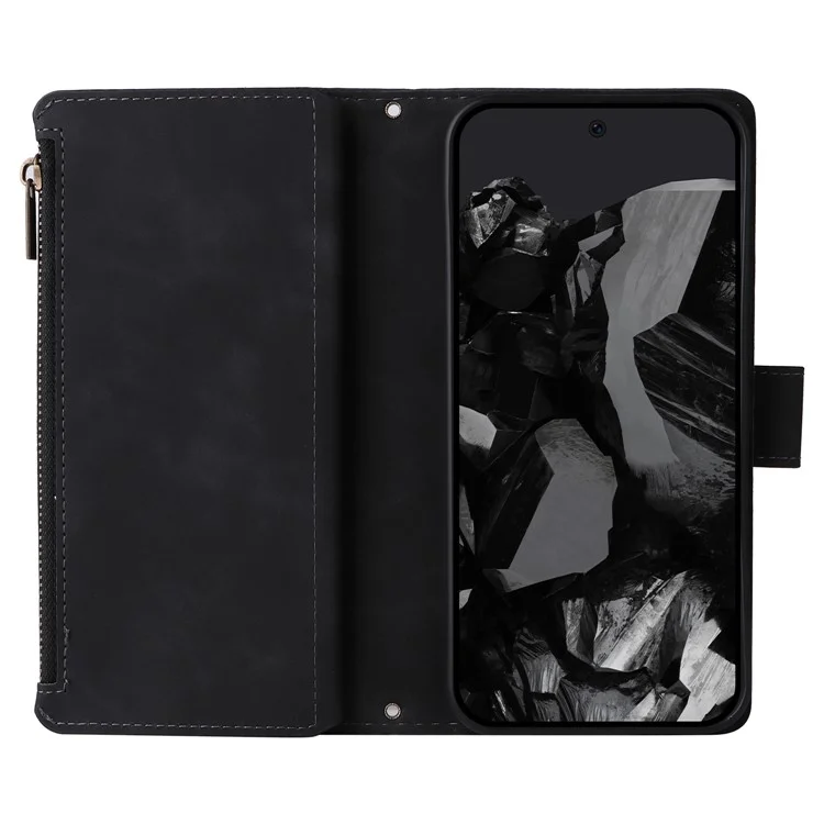 Funda para Google Pixel 9 Pro XL con cremallera, múltiples ranuras para tarjetas y cubierta de piel para teléfono - Negro