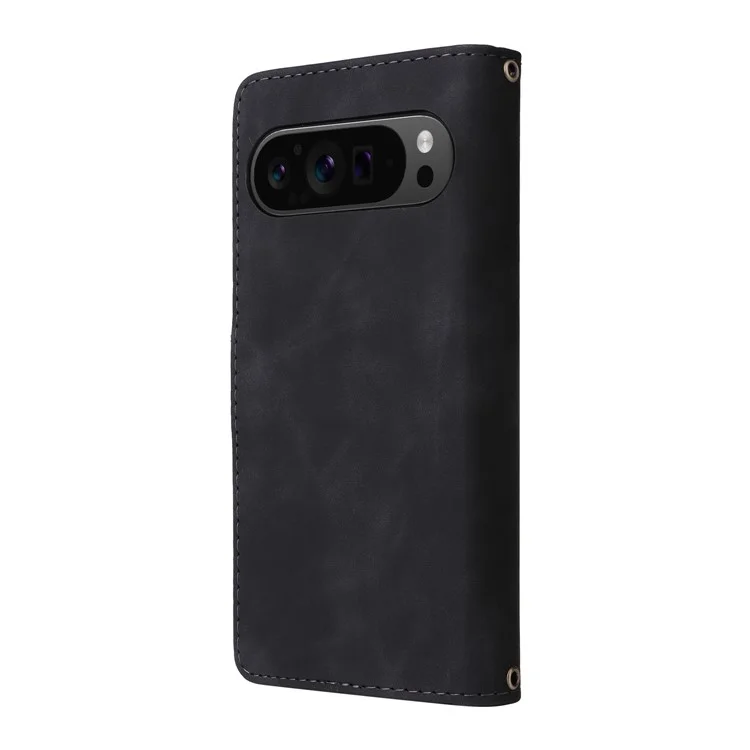 Funda para Google Pixel 9 Pro XL con cremallera, múltiples ranuras para tarjetas y cubierta de piel para teléfono - Negro