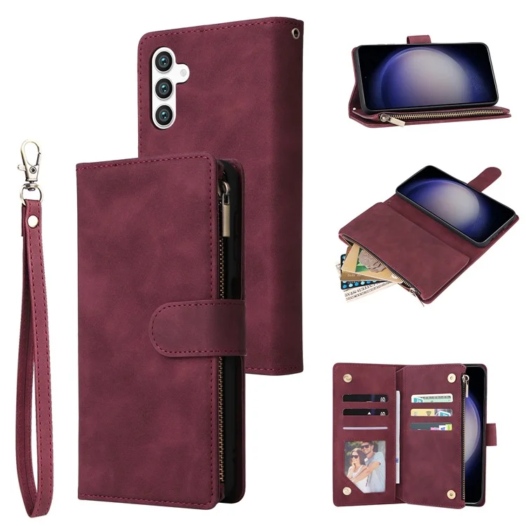 Funda de teléfono de cuero con múltiples ranuras para tarjetas y cremallera para Samsung Galaxy S25 / S24 - Rojo vino