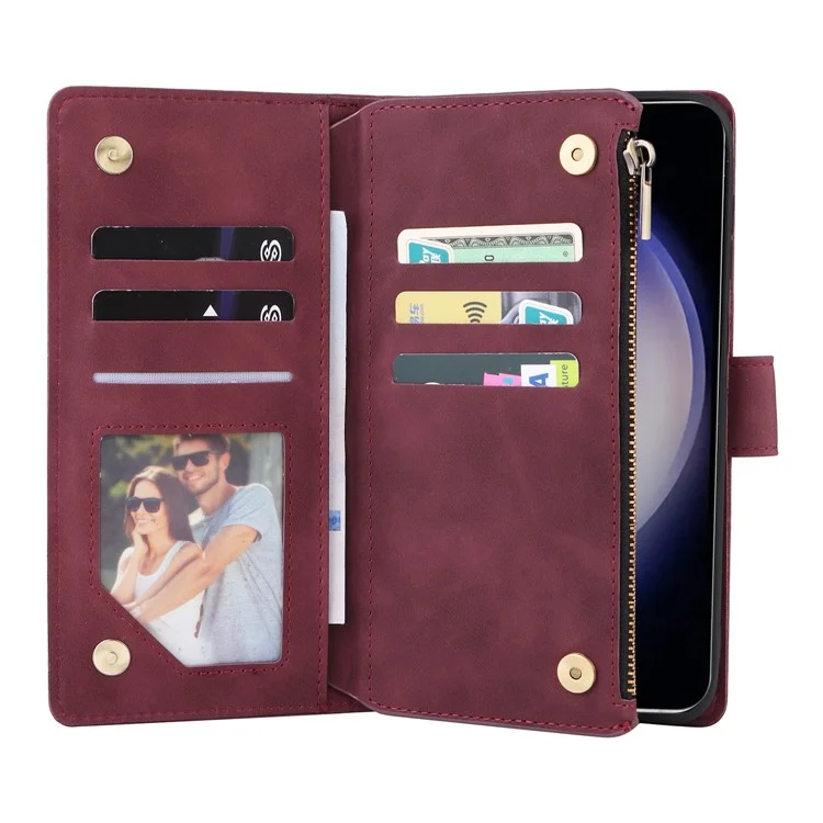 Funda de teléfono de cuero con múltiples ranuras para tarjetas y cremallera para Samsung Galaxy S25 / S24 - Rojo vino