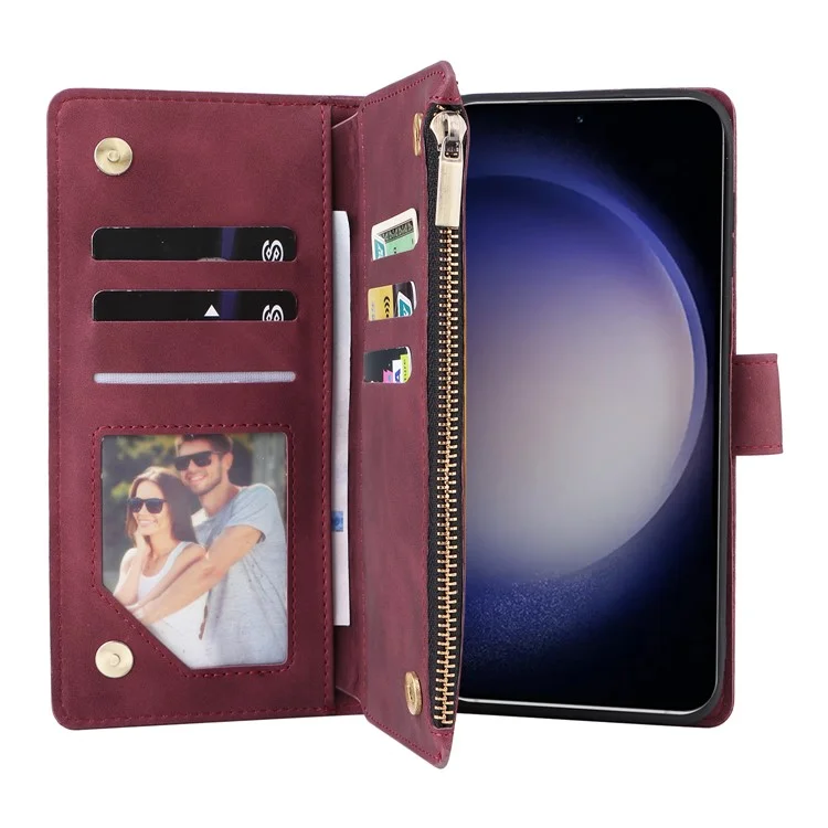 Funda de teléfono de cuero con múltiples ranuras para tarjetas y cremallera para Samsung Galaxy S25 / S24 - Rojo vino