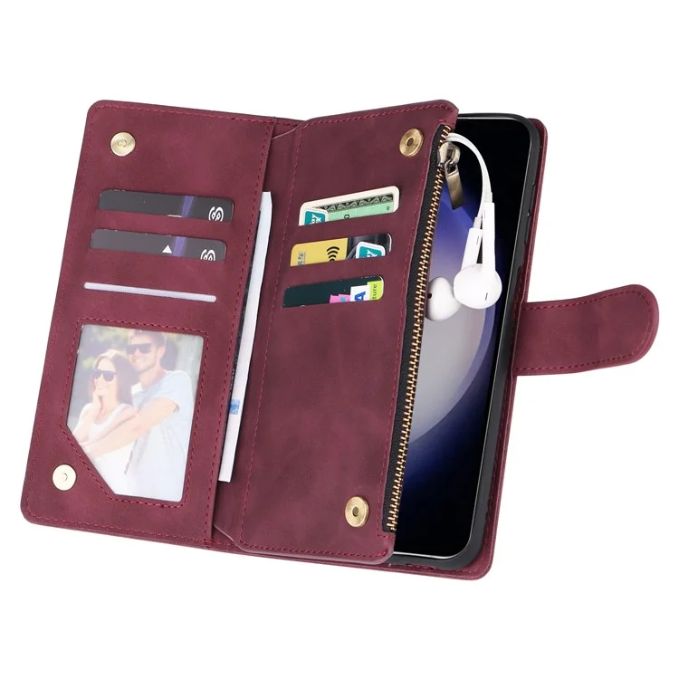 Funda de teléfono de cuero con múltiples ranuras para tarjetas y cremallera para Samsung Galaxy S25 / S24 - Rojo vino