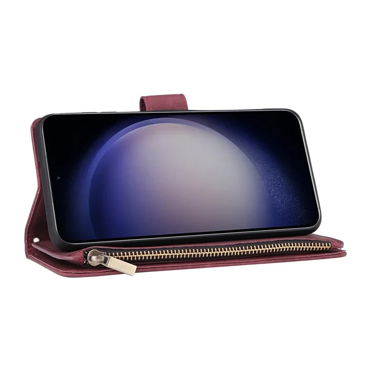 Funda de teléfono de cuero con múltiples ranuras para tarjetas y cremallera para Samsung Galaxy S25 / S24 - Rojo vino