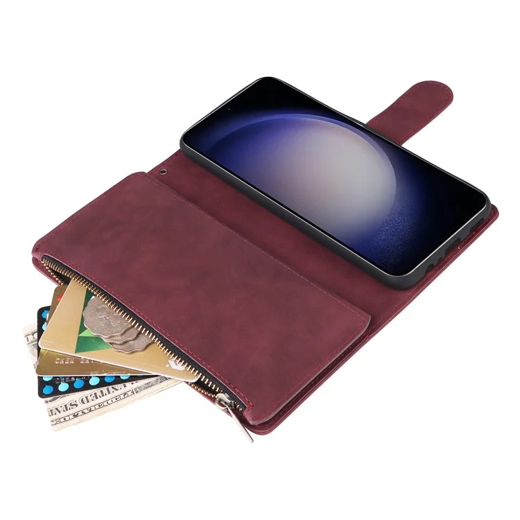 Funda de teléfono de cuero con múltiples ranuras para tarjetas y cremallera para Samsung Galaxy S25 / S24 - Rojo vino