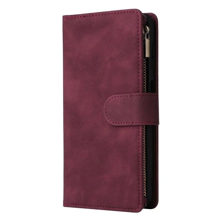 Funda de teléfono de cuero con múltiples ranuras para tarjetas y cremallera para Samsung Galaxy S25 / S24 - Rojo vino