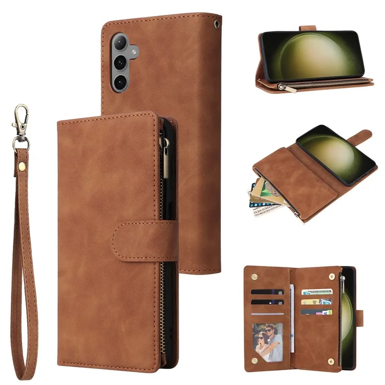 Funda de cuero para Samsung Galaxy S25+ / S24+ con múltiples ranuras para tarjetas y cremallera - Marrón