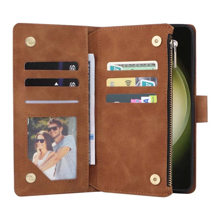 Funda de cuero para Samsung Galaxy S25+ / S24+ con múltiples ranuras para tarjetas y cremallera - Marrón