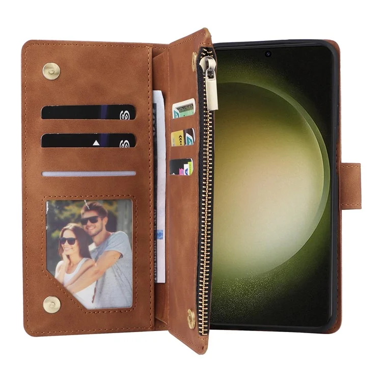 Funda de cuero para Samsung Galaxy S25+ / S24+ con múltiples ranuras para tarjetas y cremallera - Marrón