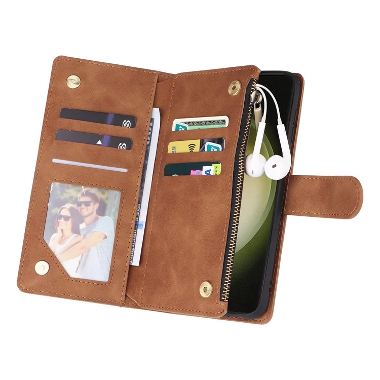 Funda de cuero para Samsung Galaxy S25+ / S24+ con múltiples ranuras para tarjetas y cremallera - Marrón