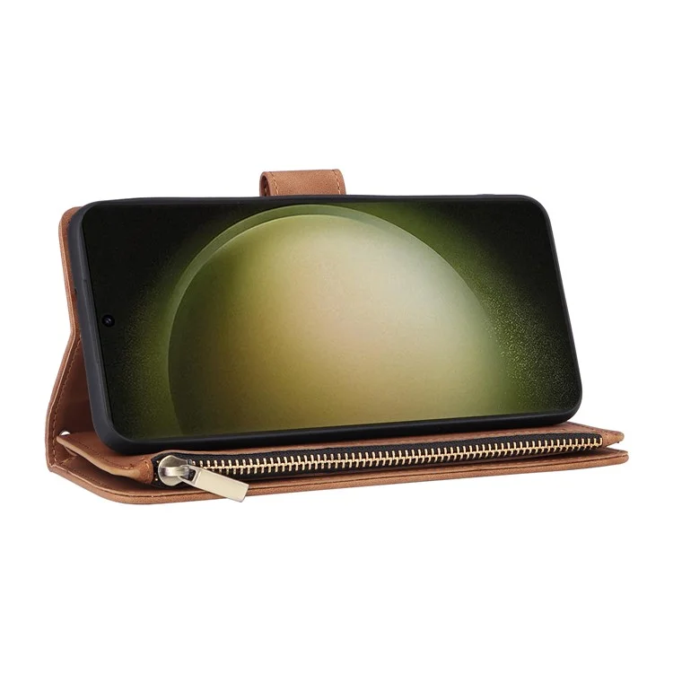 Funda de cuero para Samsung Galaxy S25+ / S24+ con múltiples ranuras para tarjetas y cremallera - Marrón