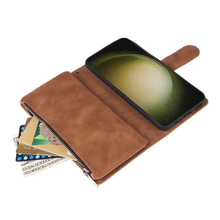 Funda de cuero para Samsung Galaxy S25+ / S24+ con múltiples ranuras para tarjetas y cremallera - Marrón