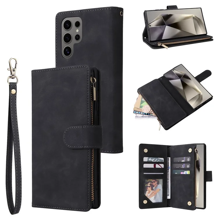 Funda para Samsung Galaxy S25 Ultra Cartera con cremallera Múltiples ranuras para tarjetas Funda de cuero para teléfono - Negro