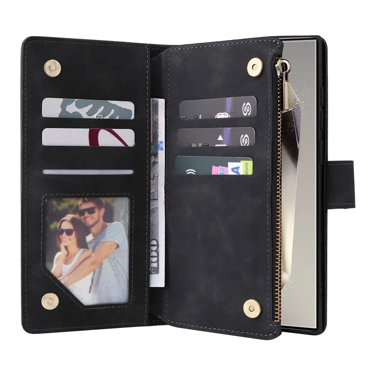Funda para Samsung Galaxy S25 Ultra Cartera con cremallera Múltiples ranuras para tarjetas Funda de cuero para teléfono - Negro