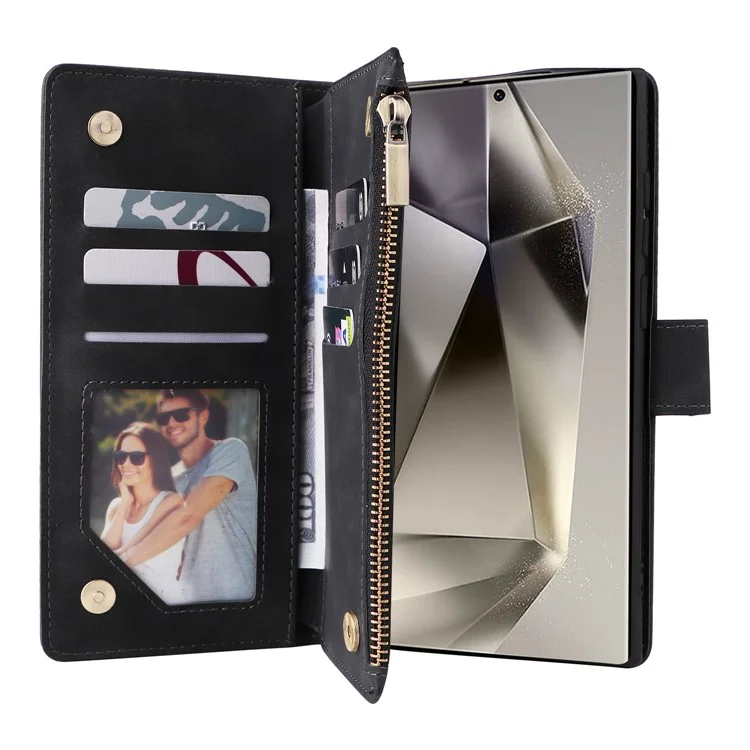 Funda para Samsung Galaxy S25 Ultra Cartera con cremallera Múltiples ranuras para tarjetas Funda de cuero para teléfono - Negro