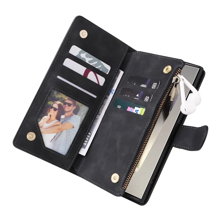 Funda para Samsung Galaxy S25 Ultra Cartera con cremallera Múltiples ranuras para tarjetas Funda de cuero para teléfono - Negro