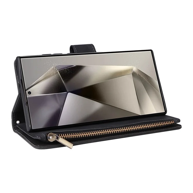 Funda para Samsung Galaxy S25 Ultra Cartera con cremallera Múltiples ranuras para tarjetas Funda de cuero para teléfono - Negro