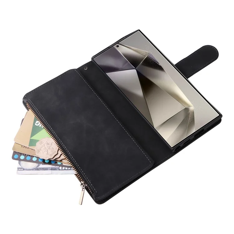 Funda para Samsung Galaxy S25 Ultra Cartera con cremallera Múltiples ranuras para tarjetas Funda de cuero para teléfono - Negro
