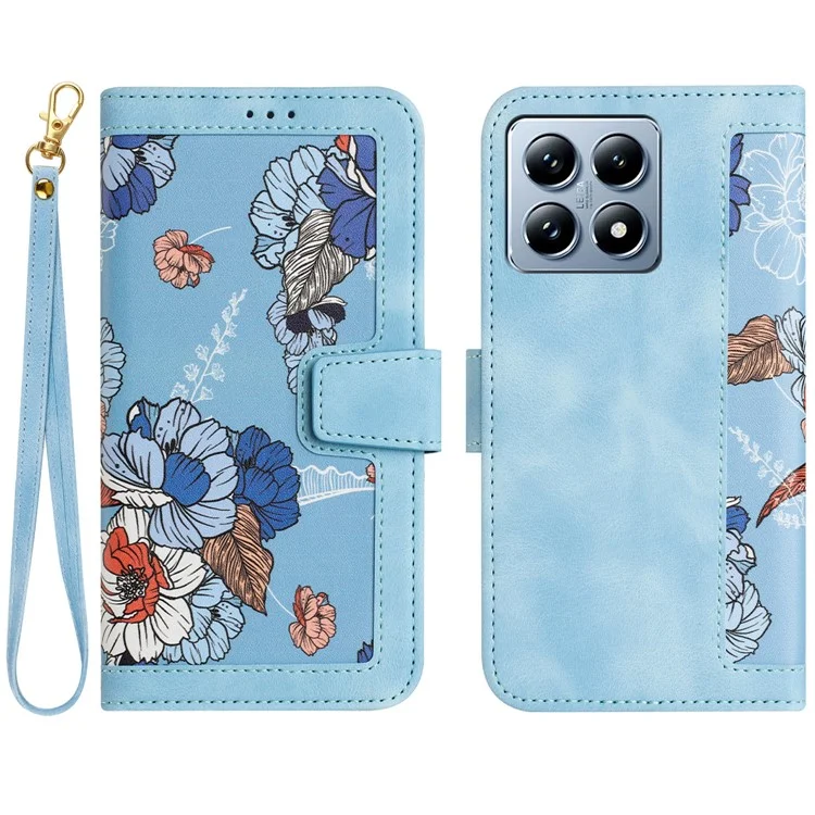 Funda para Xiaomi 14T Pro de piel de PU con flores y ranuras para tarjetas - Azul bebé