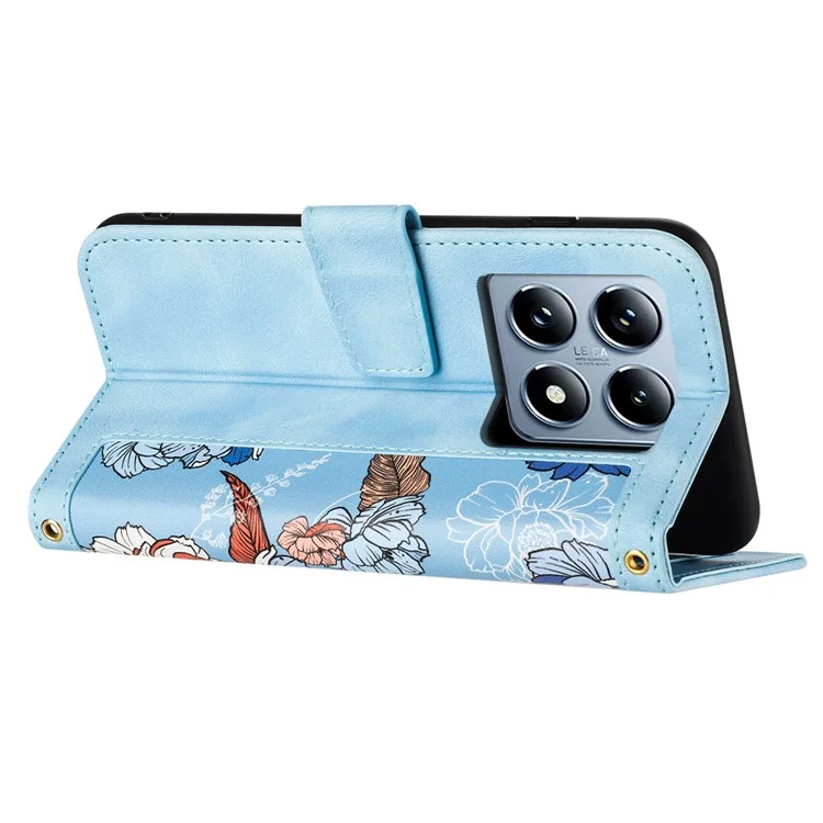 Funda para Xiaomi 14T Pro de piel de PU con flores y ranuras para tarjetas - Azul bebé