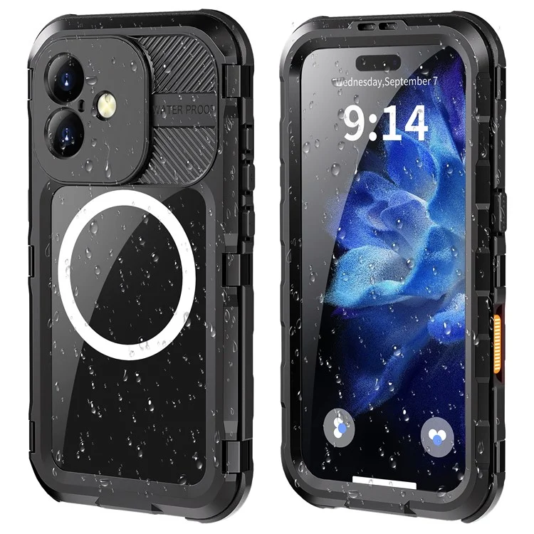 Caja protectora SHELLBOX Serie M para iPhone 16 Funda impermeable IP68 Cubierta de teléfono de buceo de metal Compatible con MagSafe - Negro