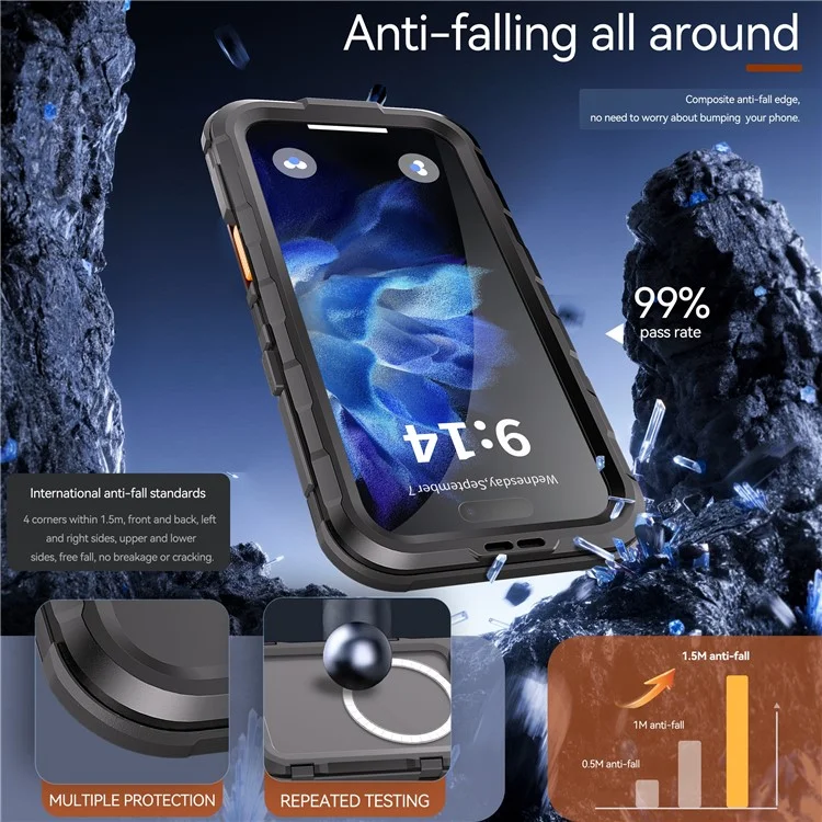 Caja protectora SHELLBOX Serie M para iPhone 16 Funda impermeable IP68 Cubierta de teléfono de buceo de metal Compatible con MagSafe - Negro