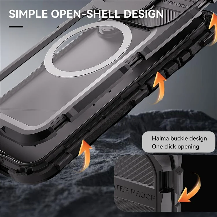 Caja protectora SHELLBOX Serie M para iPhone 16 Funda impermeable IP68 Cubierta de teléfono de buceo de metal Compatible con MagSafe - Negro