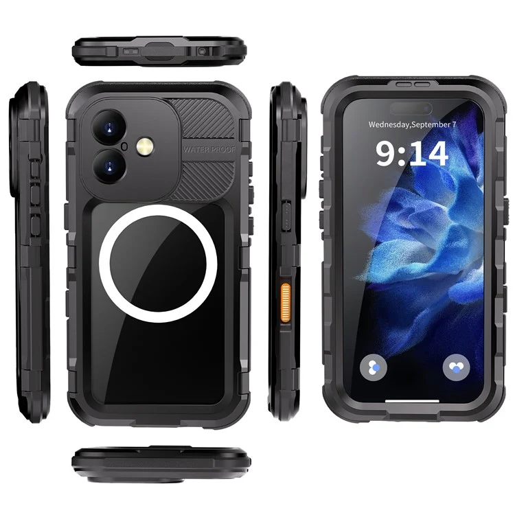 Caja protectora SHELLBOX Serie M para iPhone 16 Funda impermeable IP68 Cubierta de teléfono de buceo de metal Compatible con MagSafe - Negro